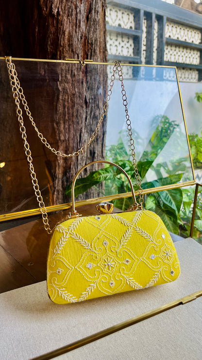 Yellow Chikankari With Ari Work Sling Clutch