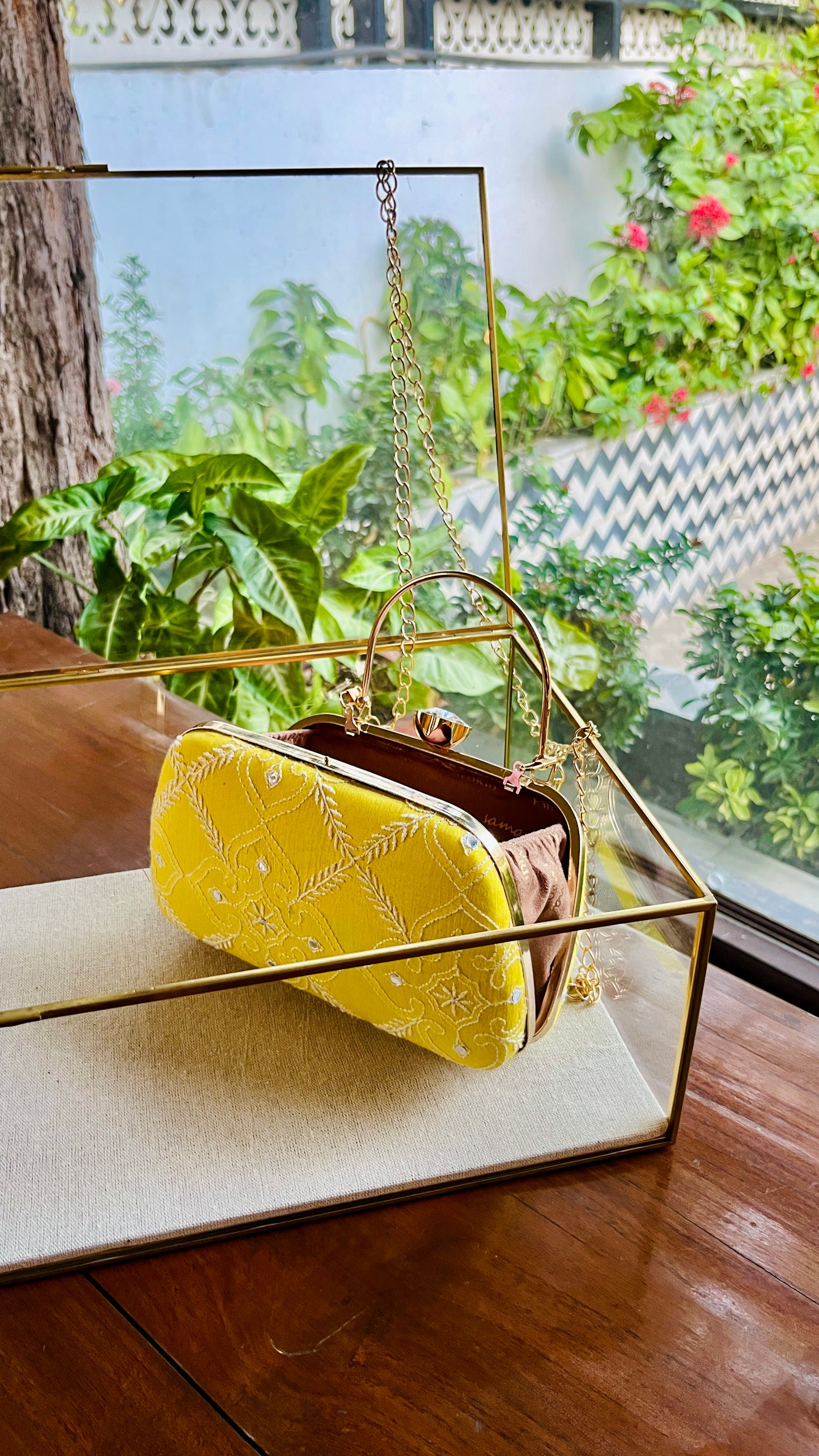 Yellow Chikankari With Ari Work Sling Clutch