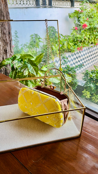 Yellow Chikankari With Ari Work Sling Clutch