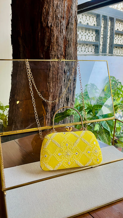 Yellow Chikankari With Ari Work Sling Clutch