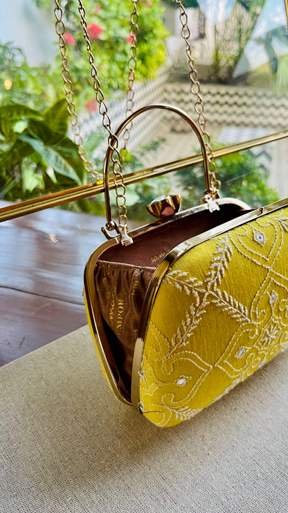 Yellow Chikankari With Ari Work Sling Clutch