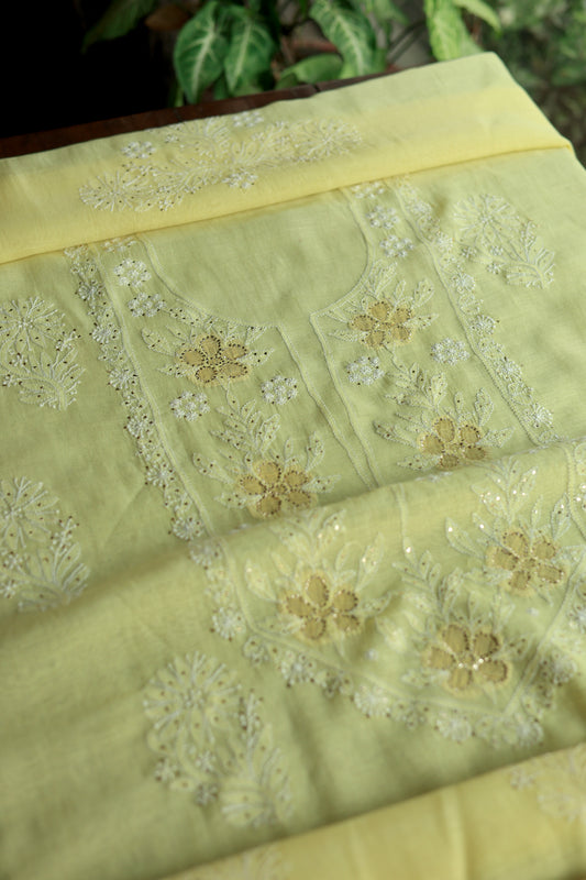 Yellow Daraz Applique Chikankari Kurta Fabric