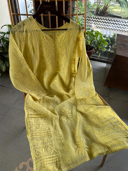 Yellow Floral Mal Cotton Chikankari Ready To Wear Kurta With Mukaish Kamdani