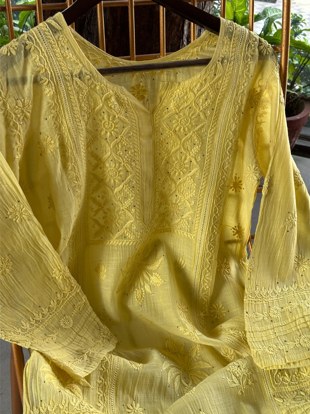 Yellow Floral Mal Cotton Chikankari Ready To Wear Kurta With Mukaish Kamdani