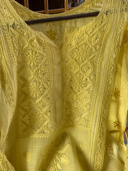 Yellow Floral Mal Cotton Chikankari Ready To Wear Kurta With Mukaish Kamdani