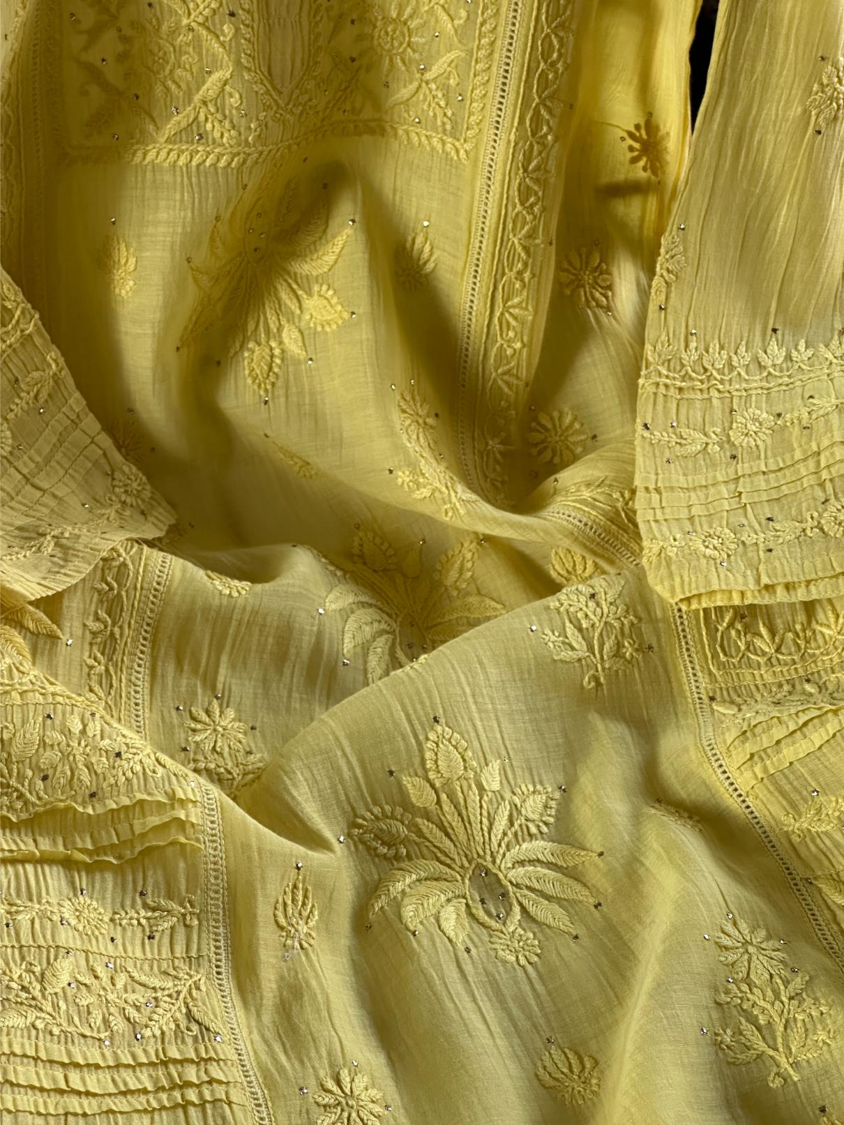Yellow Floral Mal Cotton Chikankari Ready To Wear Kurta With Mukaish Kamdani