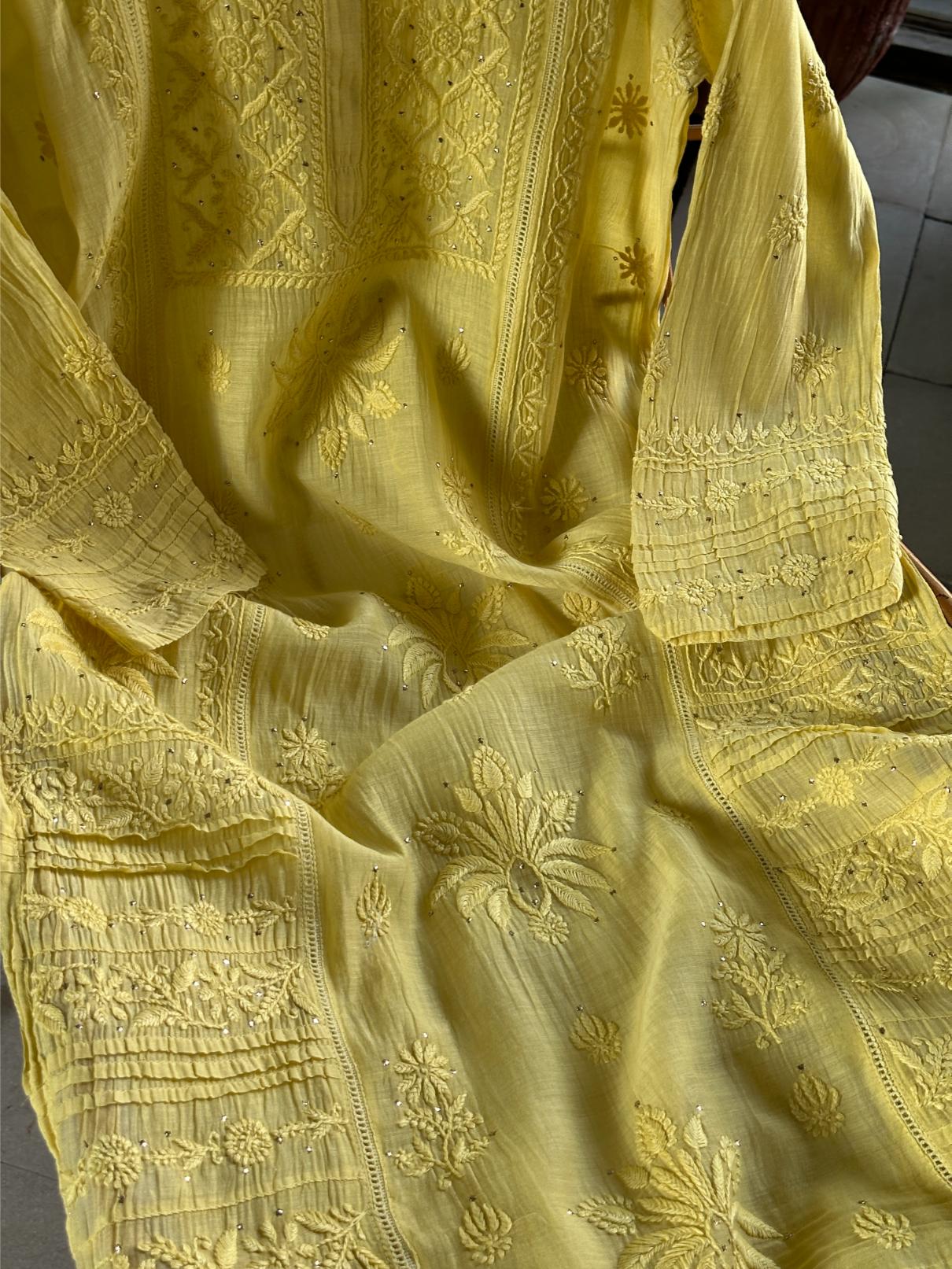 Yellow Floral Mal Cotton Chikankari Ready To Wear Kurta With Mukaish Kamdani