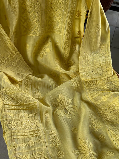 Yellow Floral Mal Cotton Chikankari Ready To Wear Kurta With Mukaish Kamdani
