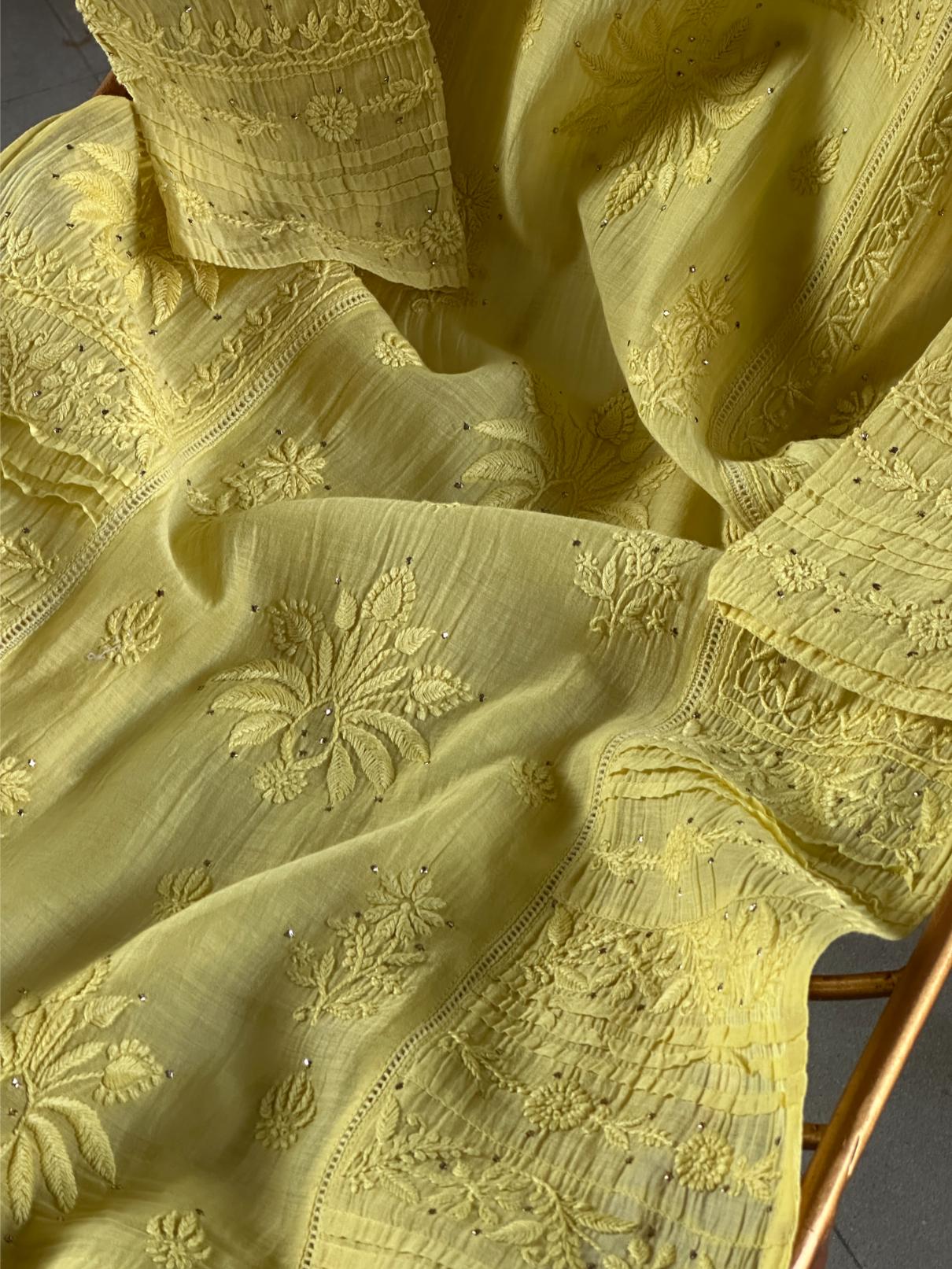 Yellow Floral Mal Cotton Chikankari Ready To Wear Kurta With Mukaish Kamdani