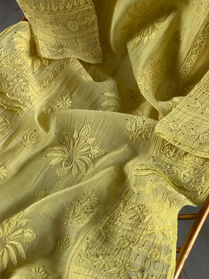 Yellow Floral Mal Cotton Chikankari Ready To Wear Kurta With Mukaish Kamdani