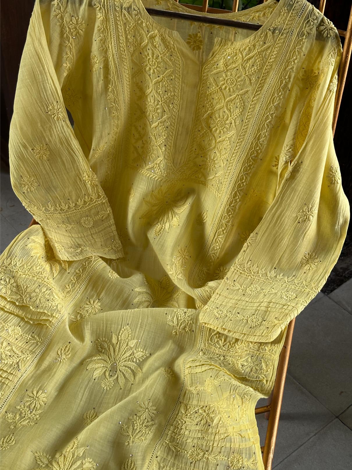 Yellow Floral Mal Cotton Chikankari Ready To Wear Kurta With Mukaish Kamdani