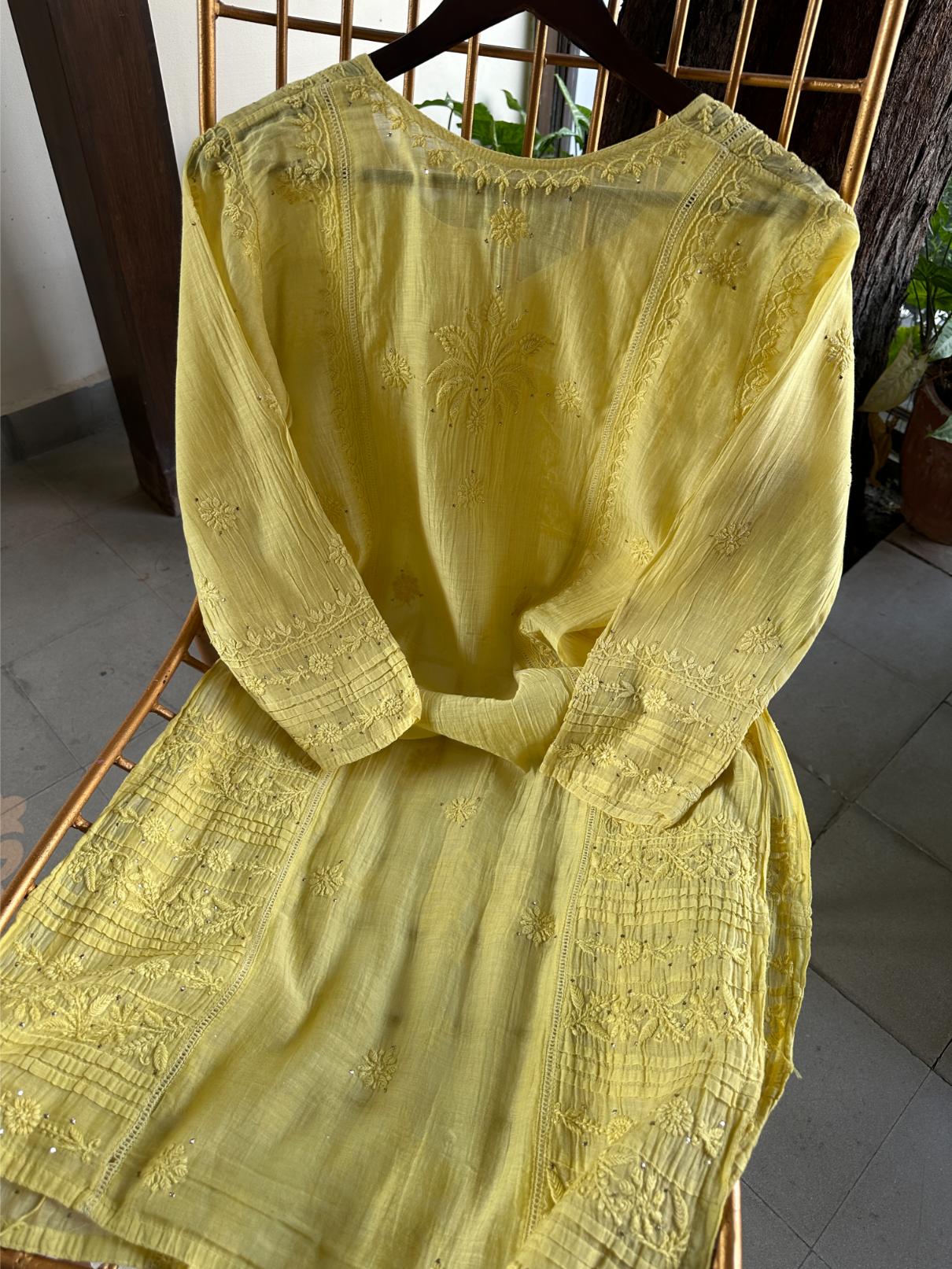Yellow Floral Mal Cotton Chikankari Ready To Wear Kurta With Mukaish Kamdani