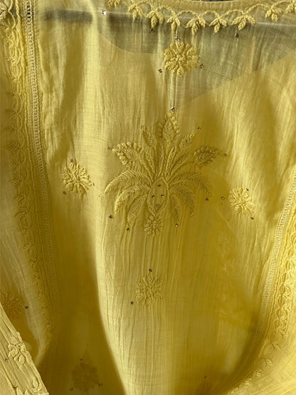 Yellow Floral Mal Cotton Chikankari Ready To Wear Kurta With Mukaish Kamdani