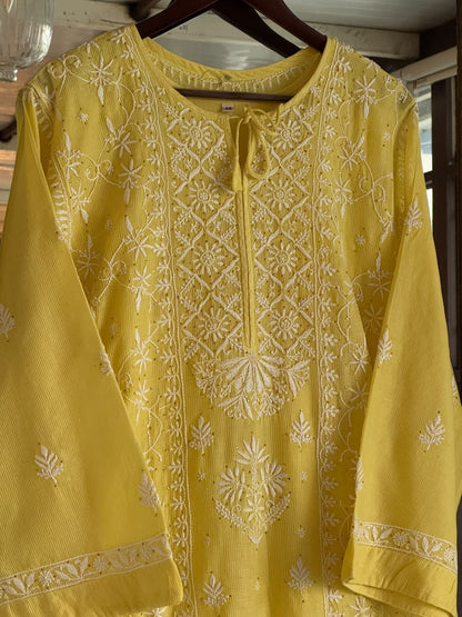 Yellow Floral Maheshwari Chikankari Ready To Wear Straight Kurta With Slip