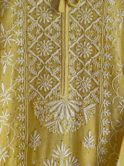 Yellow Floral Maheshwari Chikankari Ready To Wear Straight Kurta With Slip