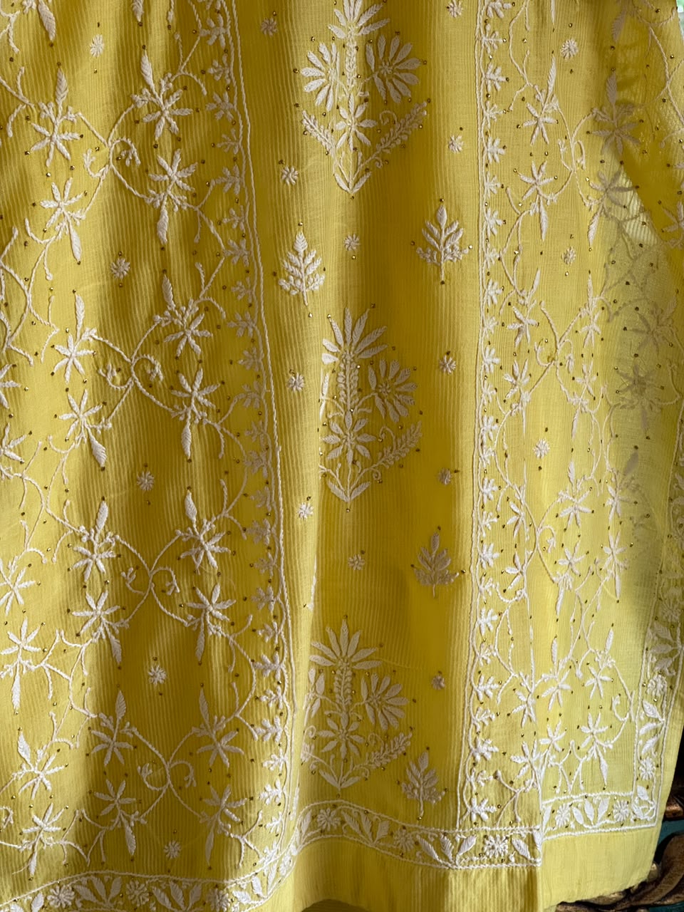 Yellow Floral Maheshwari Chikankari Ready To Wear Straight Kurta With Slip