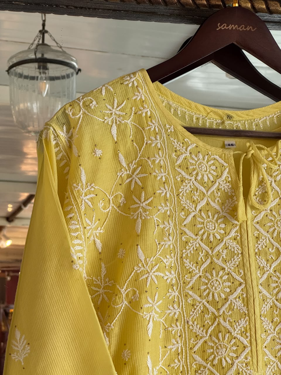 Yellow Floral Maheshwari Chikankari Ready To Wear Straight Kurta With Slip