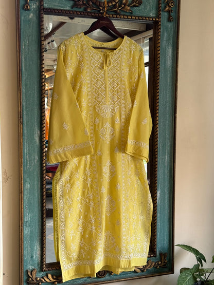 Yellow Floral Maheshwari Chikankari Ready To Wear Straight Kurta With Slip