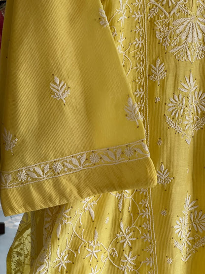 Yellow Floral Maheshwari Chikankari Ready To Wear Straight Kurta With Slip