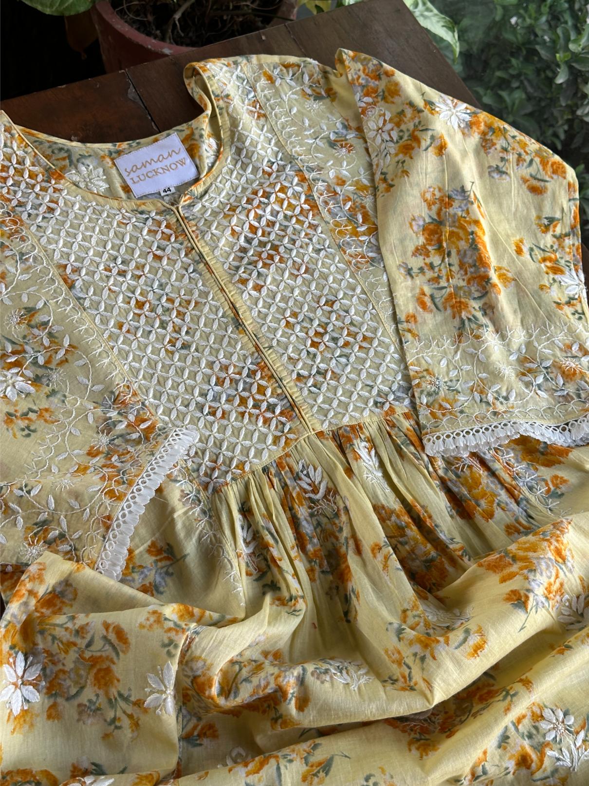 Yellow Floral Print Cotton Chikankari Long Kurta
