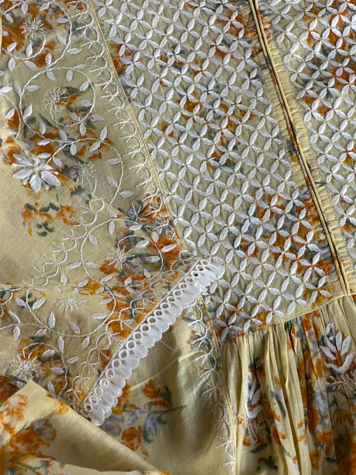 Yellow Floral Print Cotton Chikankari Long Kurta