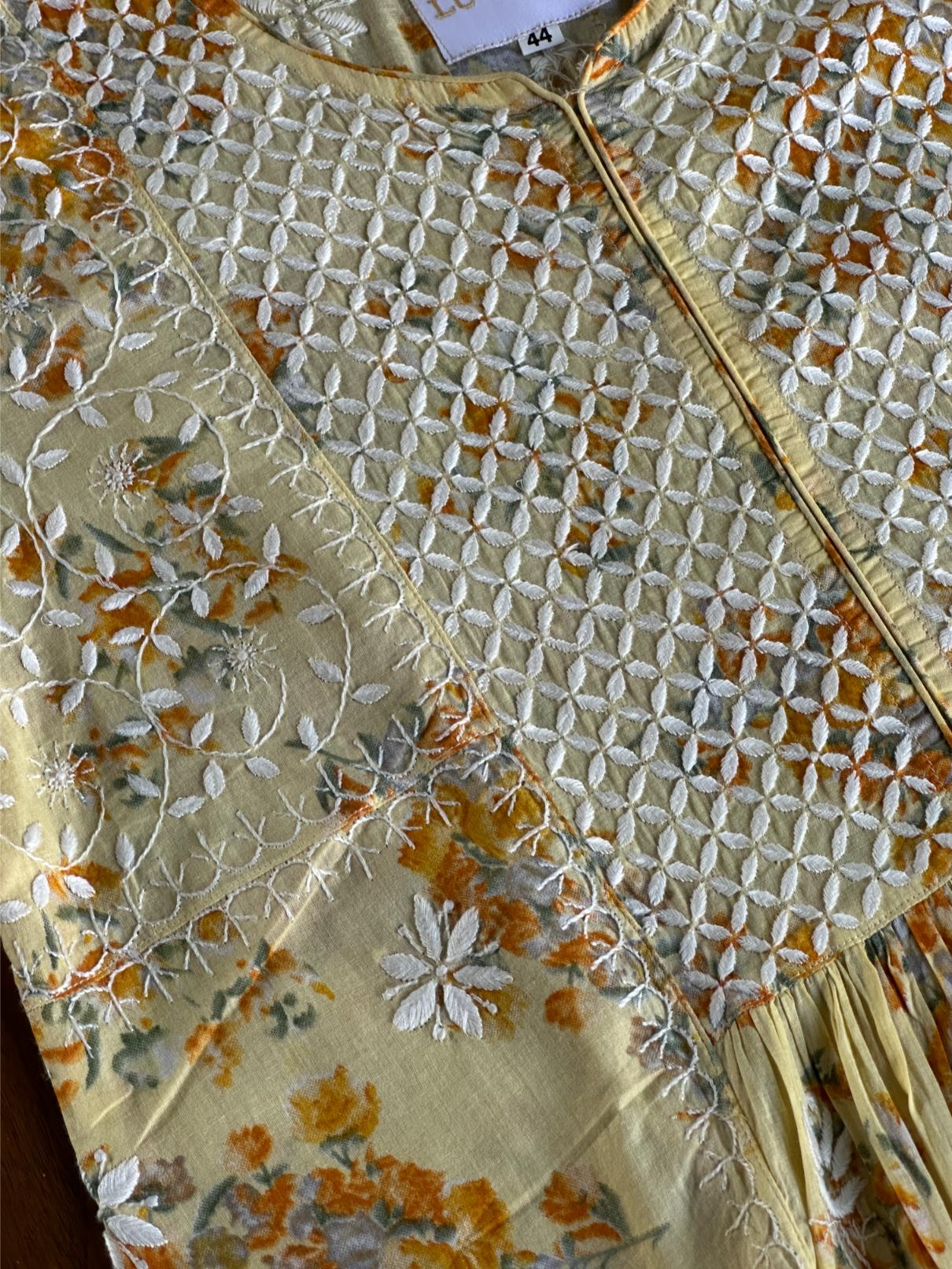 Yellow Floral Print Cotton Chikankari Long Kurta