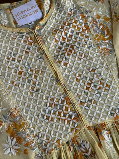 Yellow Floral Print Cotton Chikankari Long Kurta