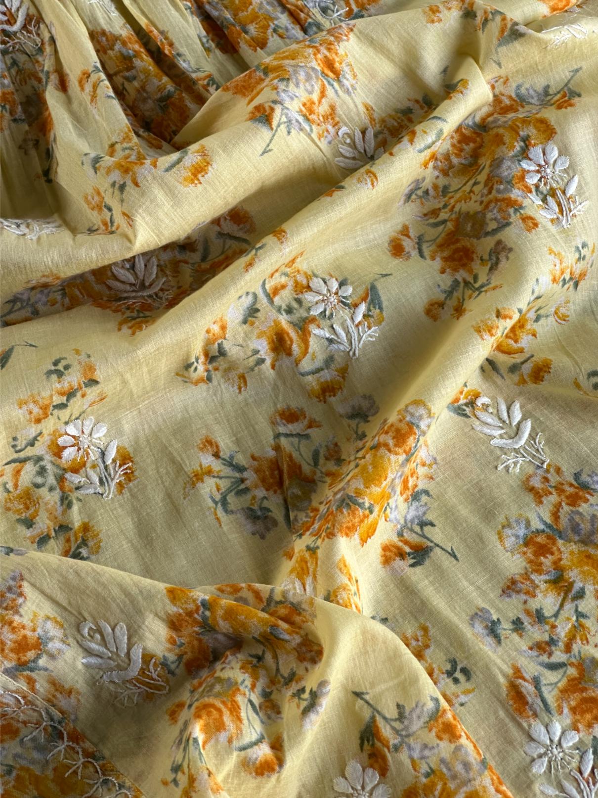Yellow Floral Print Cotton Chikankari Long Kurta
