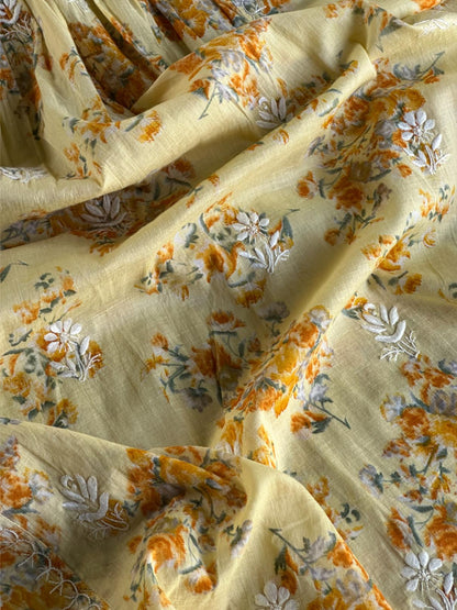 Yellow Floral Print Cotton Chikankari Long Kurta