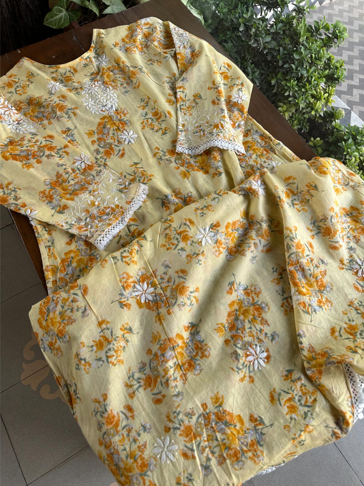 Yellow Floral Print Cotton Chikankari Long Kurta