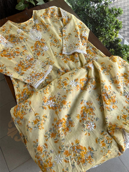 Yellow Floral Print Cotton Chikankari Long Kurta