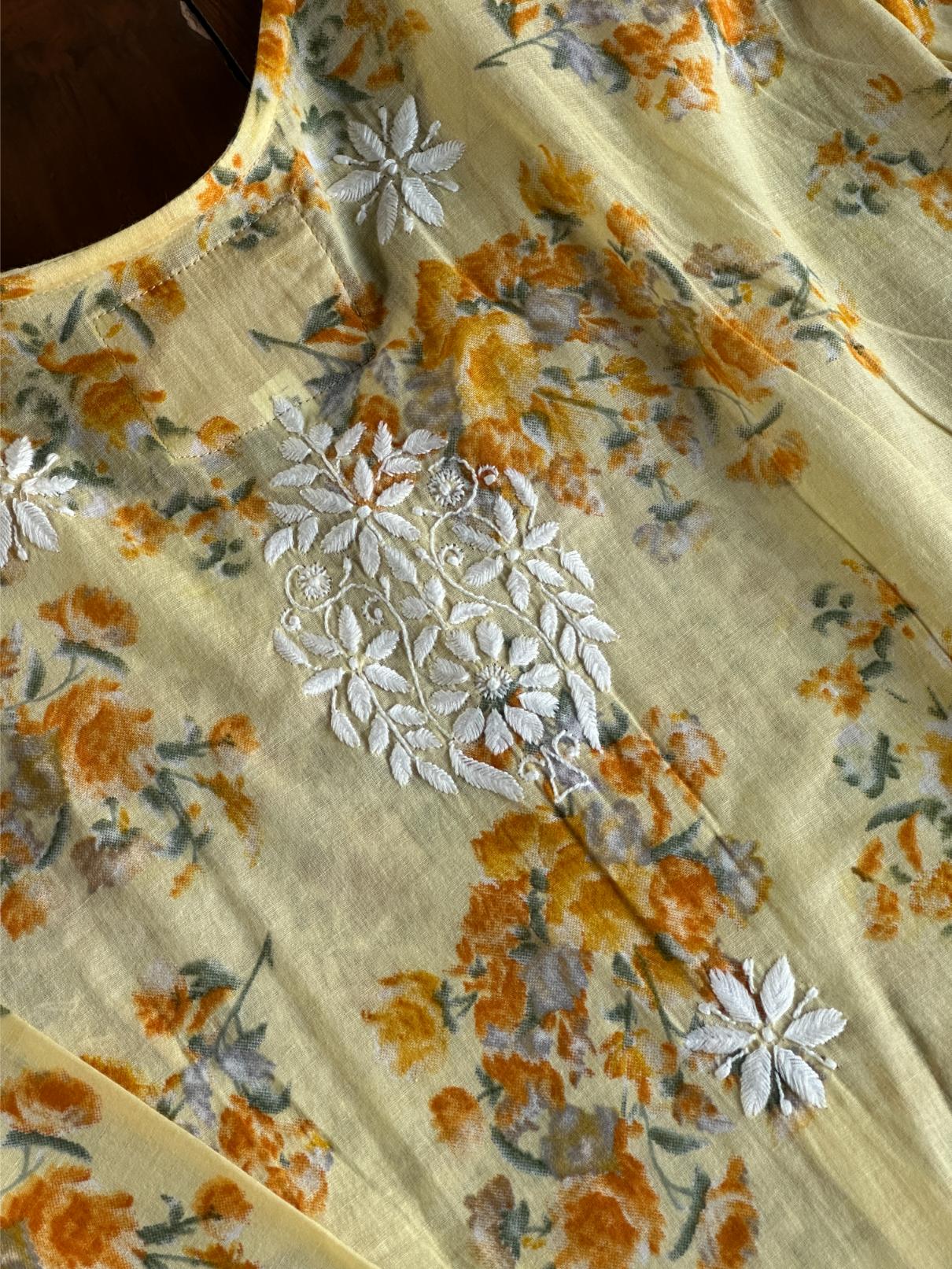 Yellow Floral Print Cotton Chikankari Long Kurta