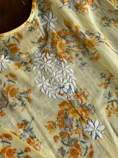 Yellow Floral Print Cotton Chikankari Long Kurta
