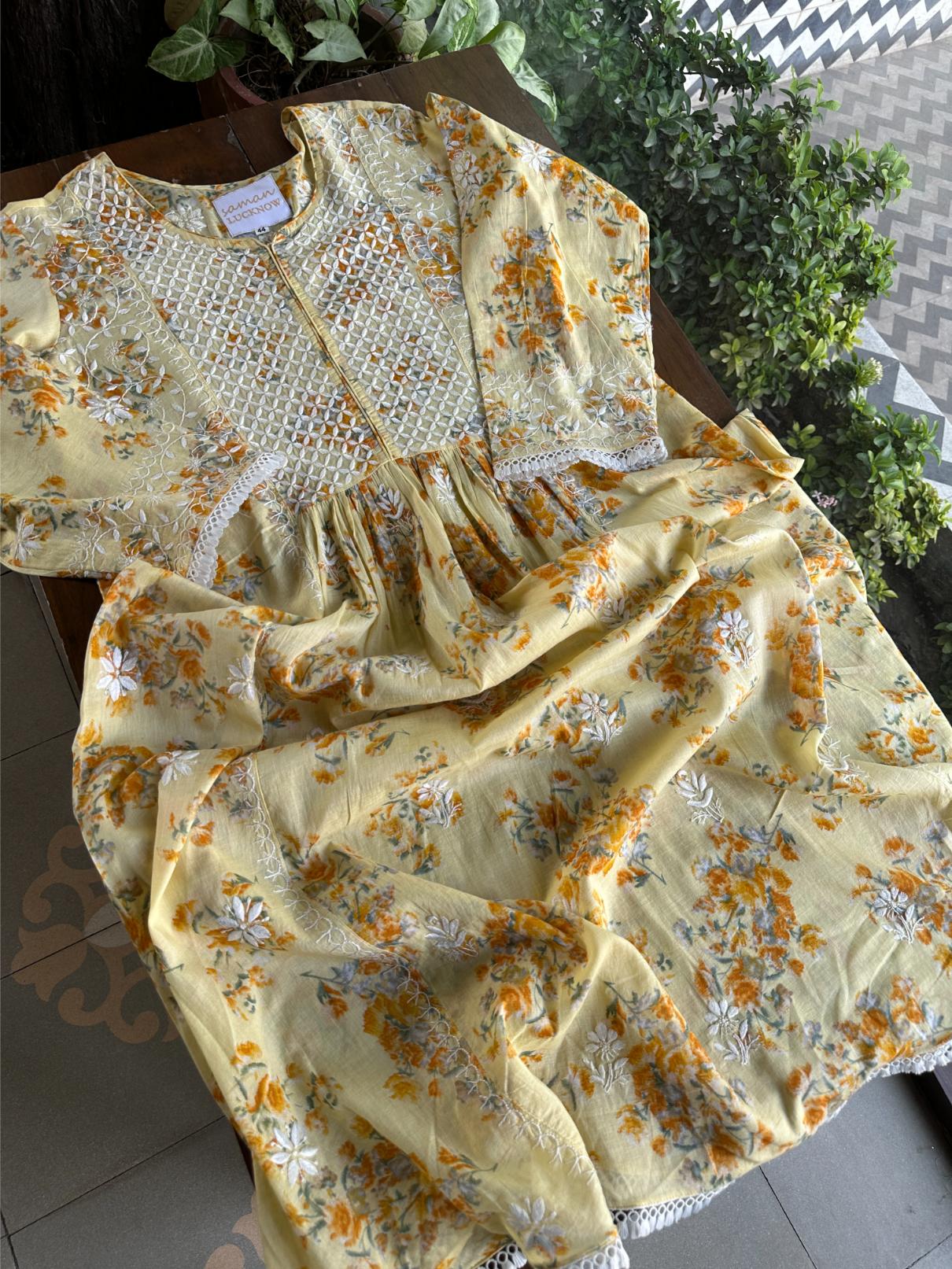 Yellow Floral Print Cotton Chikankari Long Kurta