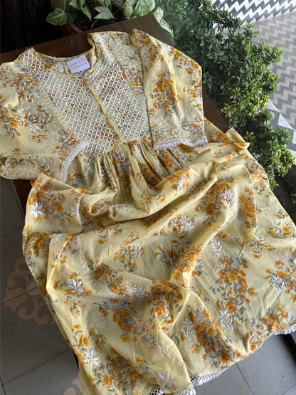 Yellow Floral Print Cotton Chikankari Long Kurta
