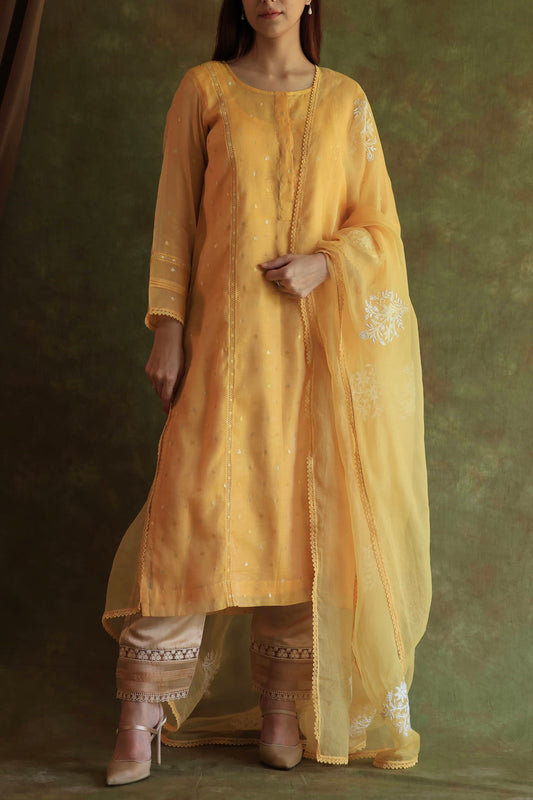 Yellow Jamdani X Chikankari Ready To Wear Kurta Dupatta Set