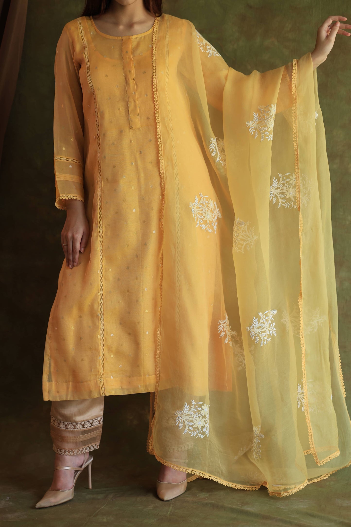 Yellow Jamdani X Chikankari Ready To Wear Kurta Dupatta Set