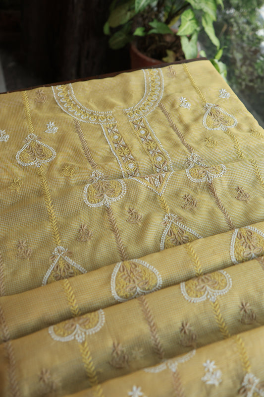 Yellow Kota Checks Cotton Chikankari Women's Kurta Fabric