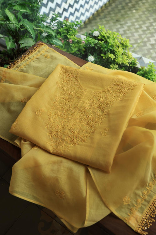 Yellow Kota Chikankari Unstitched Fabric