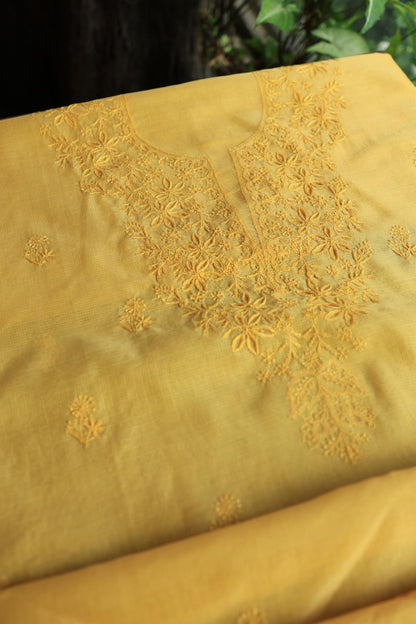 Yellow Kota Chikankari Unstitched Fabric