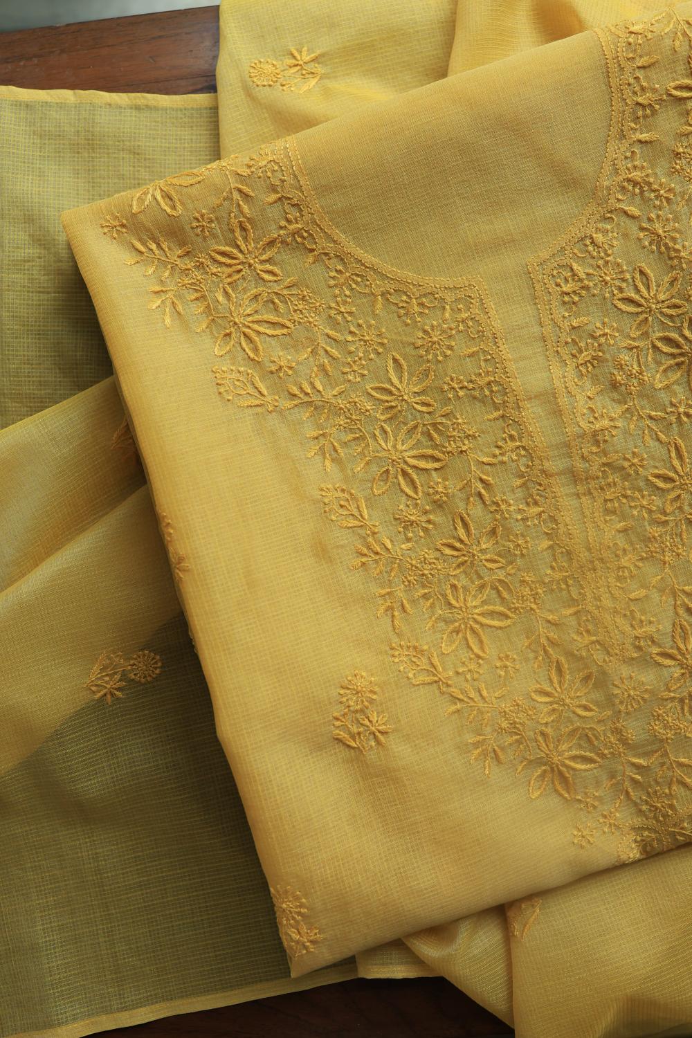 Yellow Kota Chikankari Unstitched Fabric