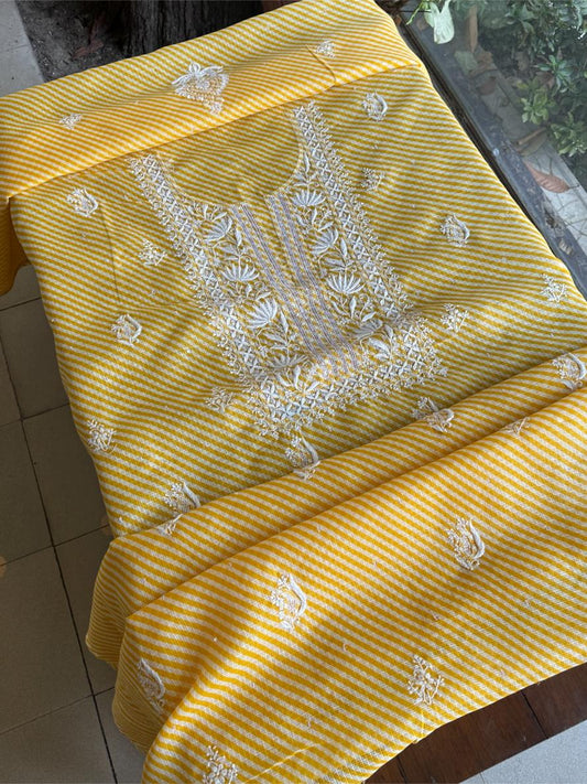 Yellow Kota Lehriya Print Chikankari Unstitched Women's Kurta Fabric