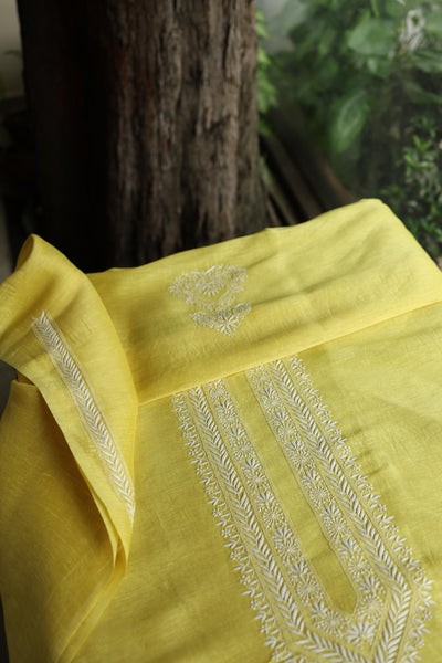Yellow Linen Chikankari Unstitched Men's Kurta Fabric