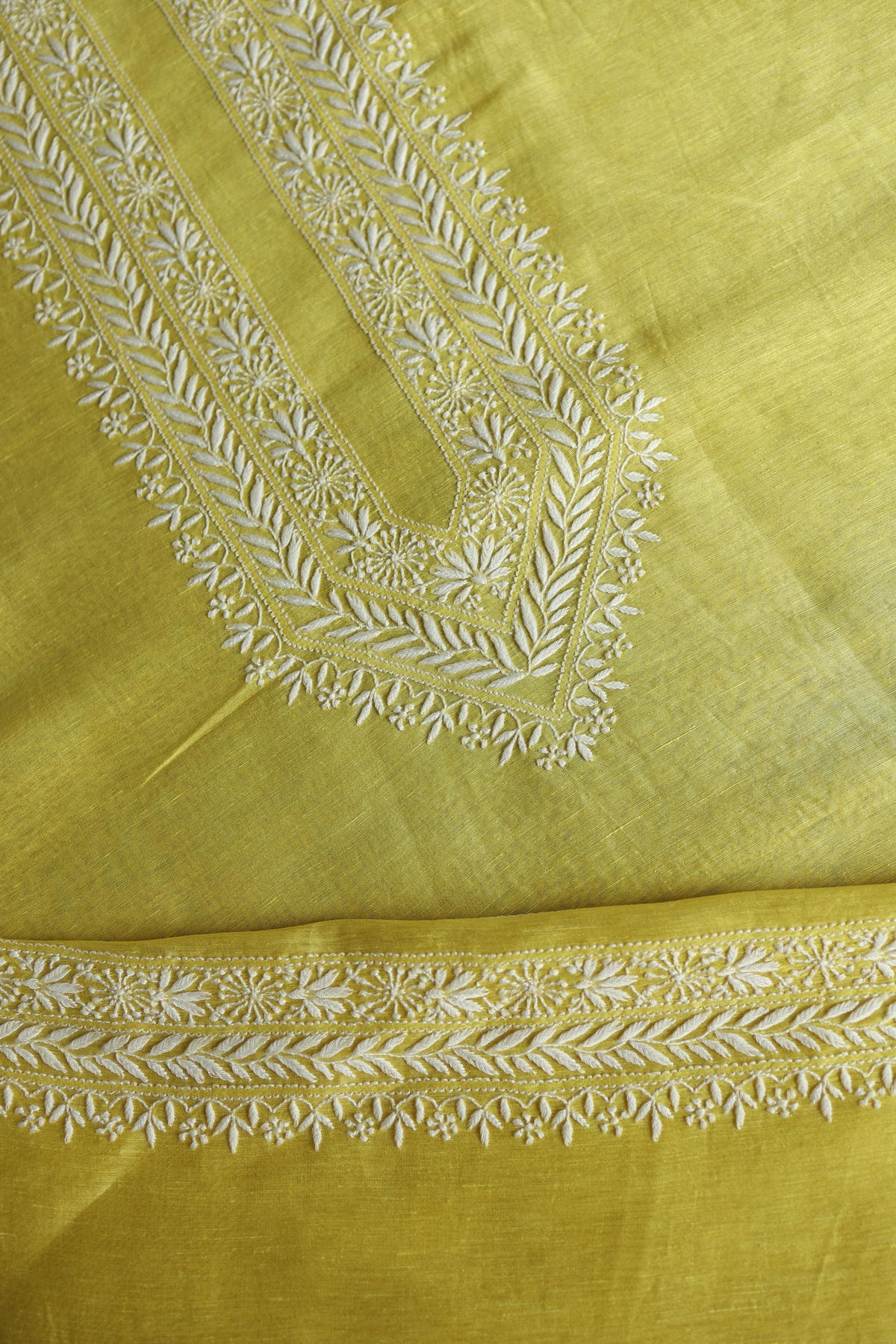 Yellow Linen Chikankari Unstitched Men's Kurta Fabric