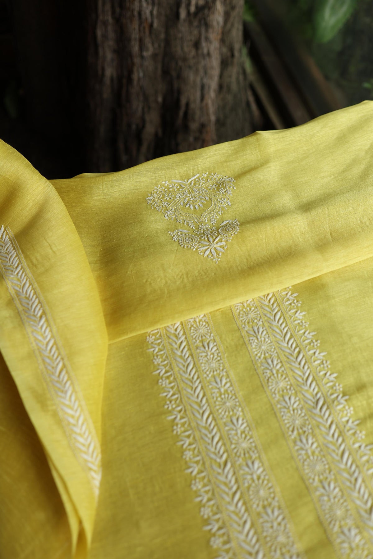 Yellow Linen Chikankari Unstitched Men's Kurta Fabric