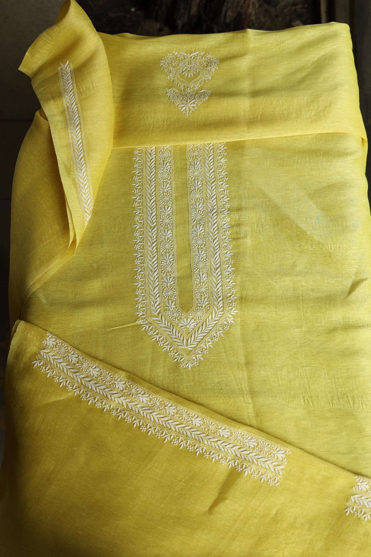 Yellow Linen Chikankari Unstitched Men's Kurta Fabric