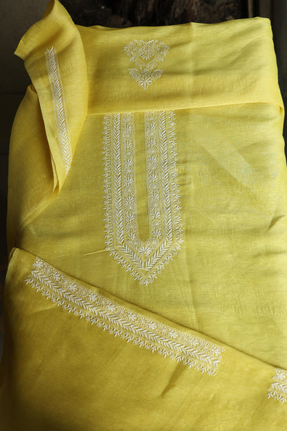 Yellow Linen Chikankari Unstitched Men's Kurta Fabric