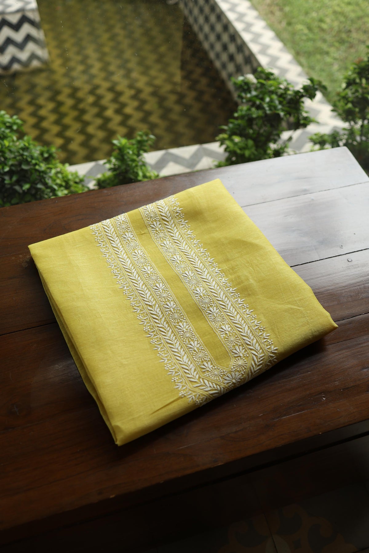 Yellow Linen Chikankari Unstitched Men's Kurta Fabric