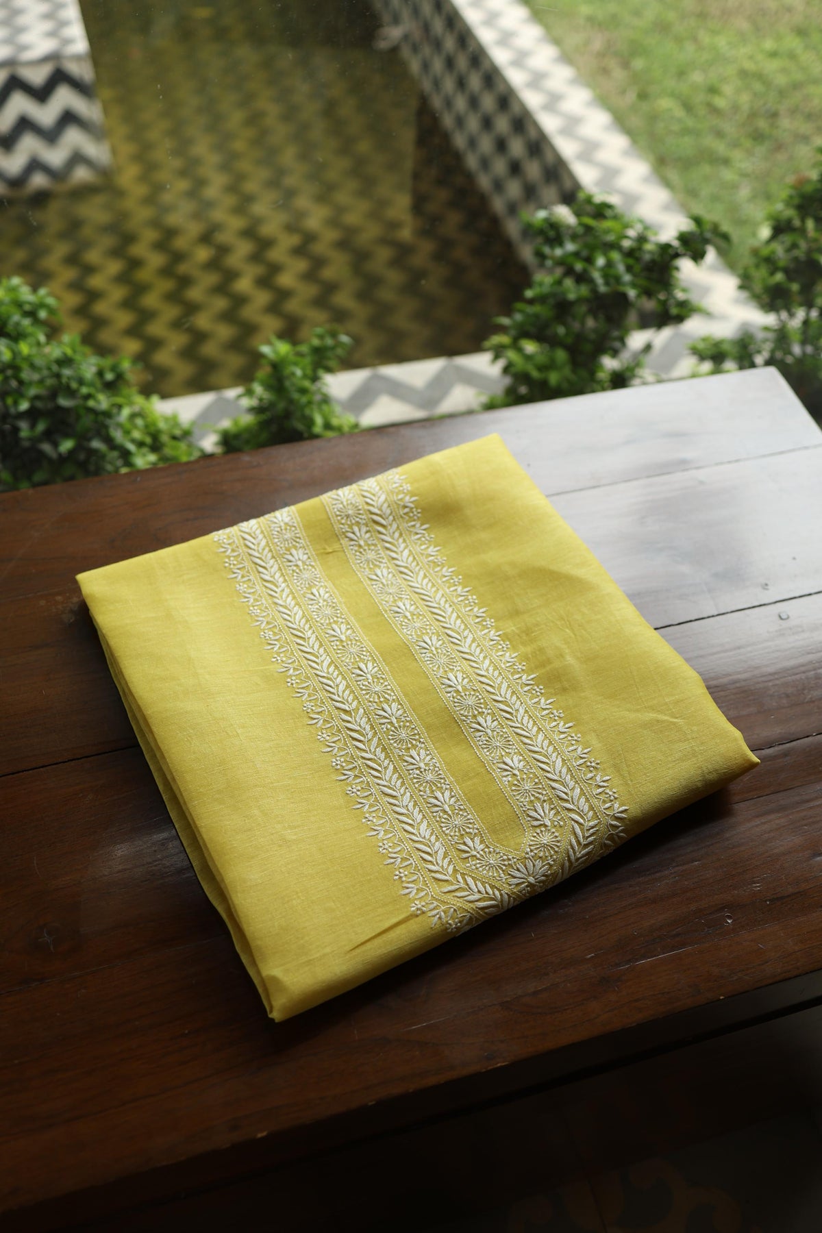 Yellow Linen Chikankari Unstitched Men's Kurta Fabric