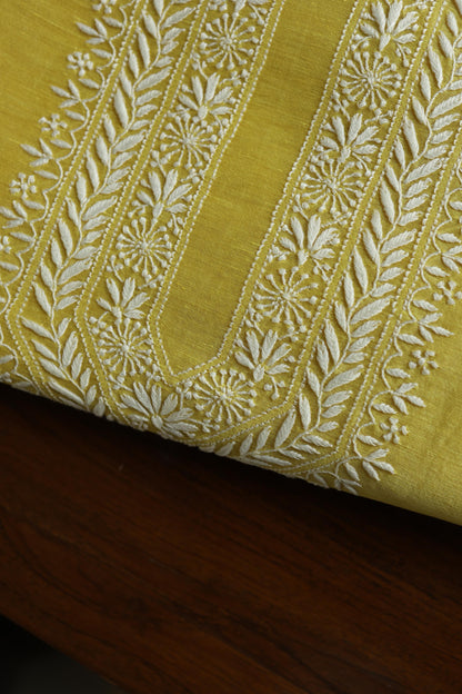 Yellow Linen Chikankari Unstitched Men's Kurta Fabric